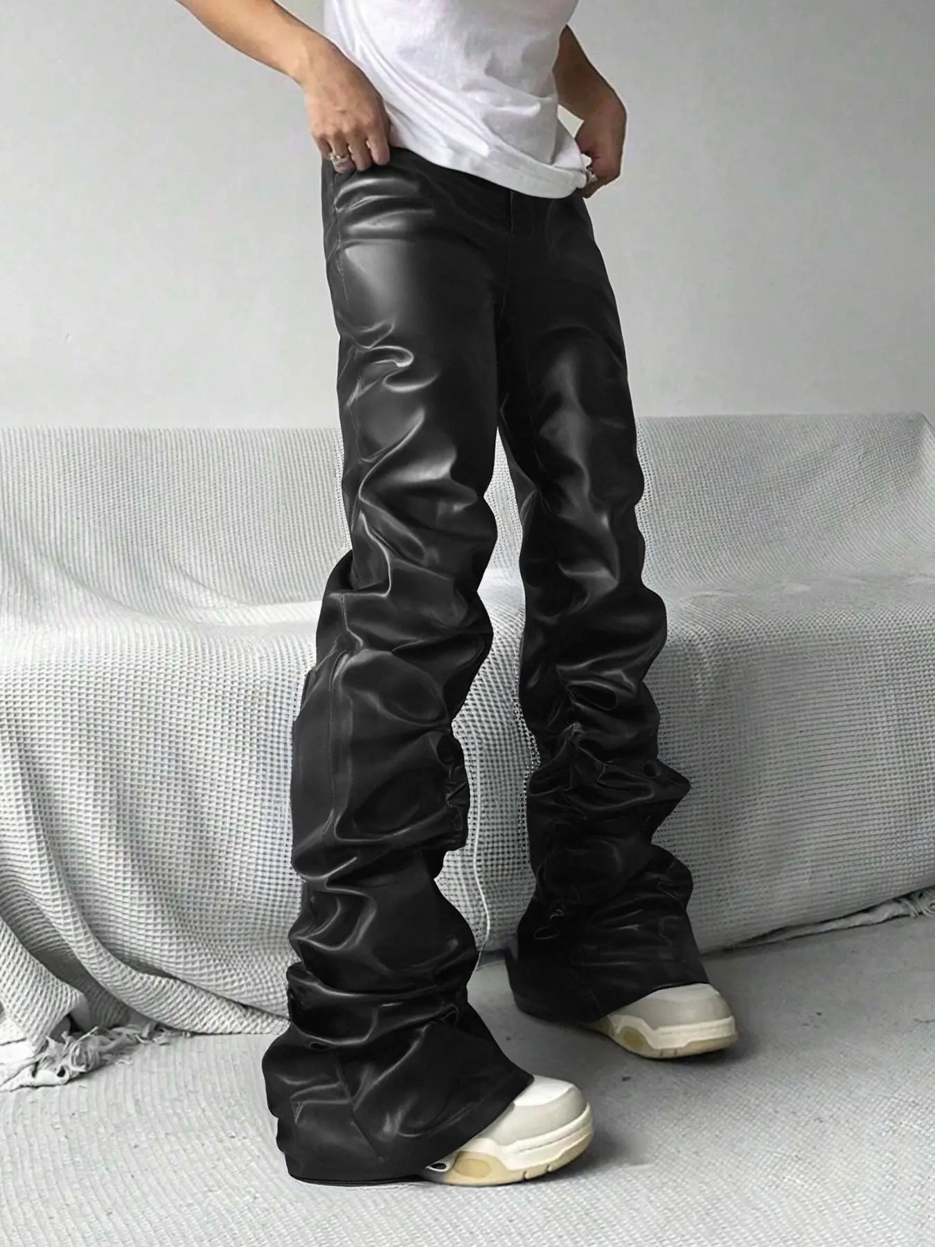 Men's Solid Color PU Leather Pants, Fashion Casual Comfy Regular Fit Street Style Skinny Trousers for Daily Wear, Men's Bottoms for All Seasons, Casual Fit Streetwear