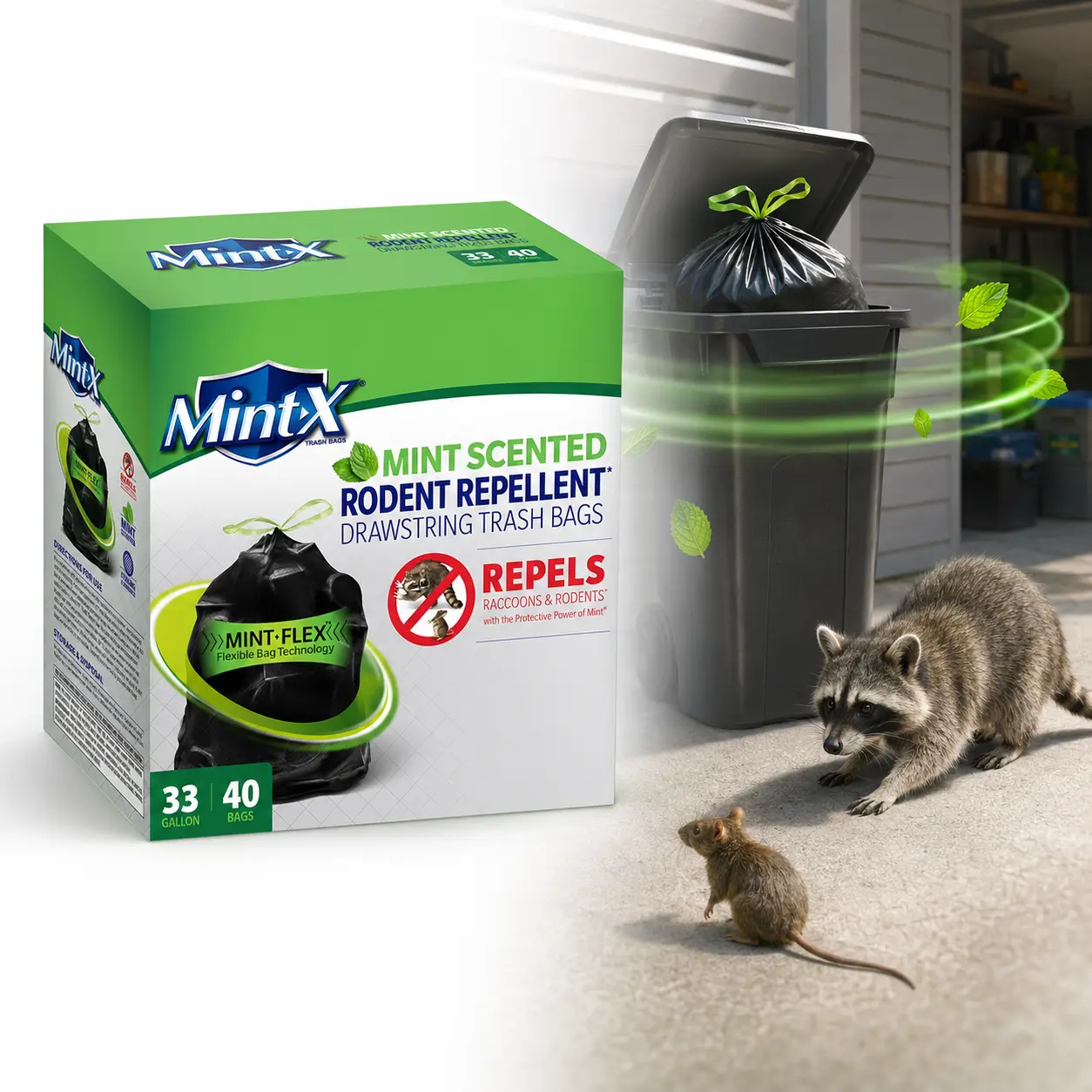 Mint-X MX3335B40F XL 33 gal Black Trash Bags Pack of 3, mint-scented rodent repellent drawstring bags, 1.05 mil, heavy duty, all-weather, pest control, food waste, outdoor bins, curbside cans, garage, yard cleanup, raccoons, squirrels, home, commercial su