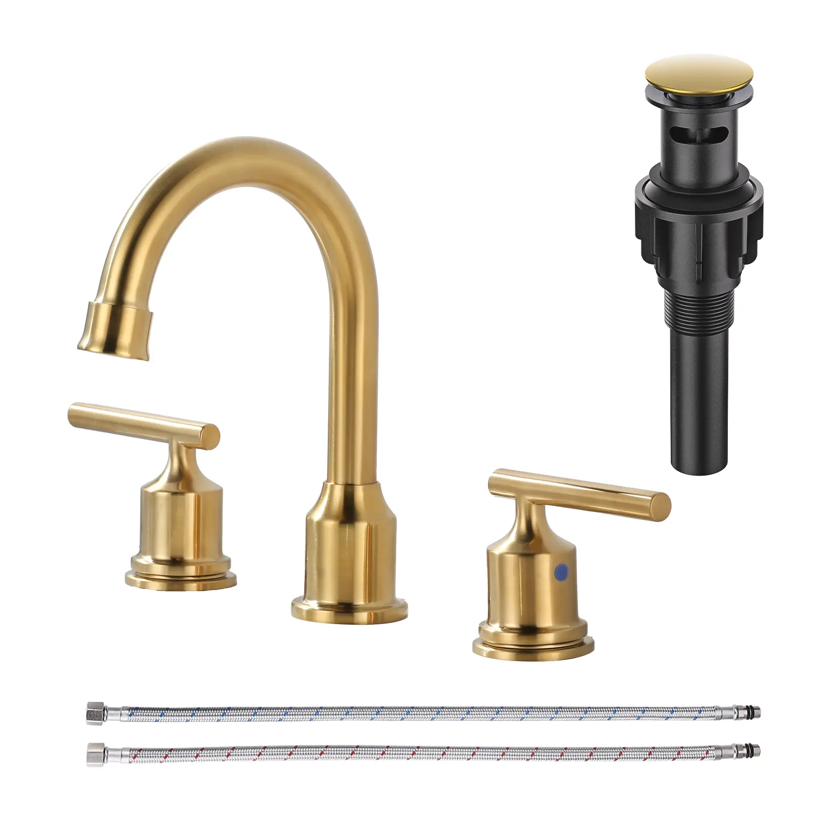 WOWOW Gold 3-Hole 8-Inch Widespread Brass Bathroom Sink Faucet, Double Handle Mixer Tap with Popup Drain, Antique Vanity Faucet, Double Handle Faucet