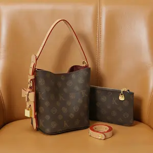 Women's Classic Printed Bucket Bag with Gold-Tone Lock Charm & Detachable Coin Purse, Red Stitching & Plush Lining, Adjustable Shoulder Strap & Top Handle, Versatile Fashion Bag Ideal for Commute