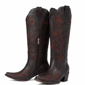 EROCALL Women‘s Cowboy Boots Knee High Cowgirl Boots, Western Boots with Floral Embroidered Pointed Toe Chunky Heel Pull On Retro Vintage Classic Tall Boots for Ladies