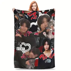 SKZON Han Jisung Super Soft Flannel Throw Blanket - Vibrant Printed Cat & Heart Design, All-Season Lightweight Warmth for Home, Office, Camping - Machine Washable Cozy Gift, Office Comfort, Contemporary Style, Plush Texture, Stylish Accessory