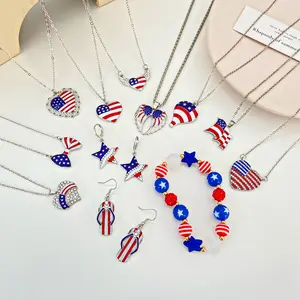 4th of July Patriotic Necklace Set for Women, Sparkly Rhinestone Angel Wing Heart Pendant Layered Collarbone Chain, Dainty Independence Day Jewelry for Holiday Party, BBQ, Fireworks Celebration Gift