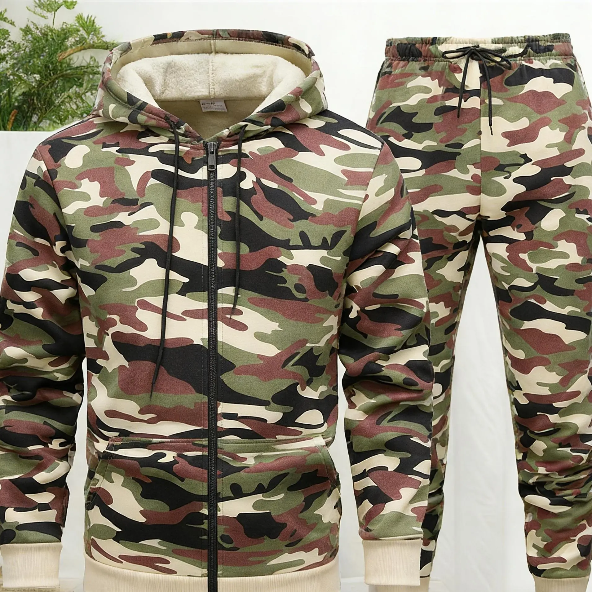 Men's 2-Piece Camouflage Tracksuit Set - Stretch Polyester Knit Hoodie, Jogger Pants, Athleisure Style Casual Activewear Clothing, Long Sleeve, Digital Print, Hooded Hoodie