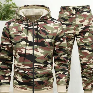 Men's camouflage print hooded sweater and jogging pants set, casual polyester knitted fabric with stretch Sports Clothes Sporty Jumpsuit Fitness Outfit Athleisure Style