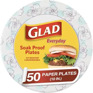 Glad 10 Inch Round Paper Plates 50 Count - Heavy Duty Round Disposable Plates for Parties - Sturdy, Soak Proof, Microwave Safe Plates - Large, Thick Plates for Dinner - Bulk Microwavable Paper Plates