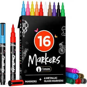 Extra Fine Tip Chalk Markers for Blackboard & Glass (Pack of 16, 1mm Point) | Window Marker, Liquid Chalk Pens for  Dry Erase Board, Mirror,  | Thin Chalkboard Markers Erasable