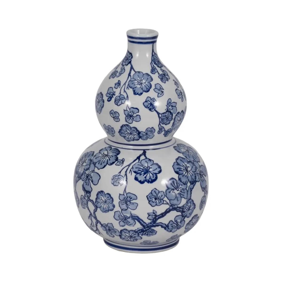 212 MAIN 13 in. Large Blue & White Ceramic Gourd-Shaped Cherry Blossom Chinoiserie Home Decorative Vase - Artistic Floral Room Accent Centerpiece
