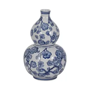 212 MAIN 13 in. Large Blue & White Ceramic Gourd-Shaped Cherry Blossom Chinoiserie Vase, Home Decor Centerpiece for Room Decor