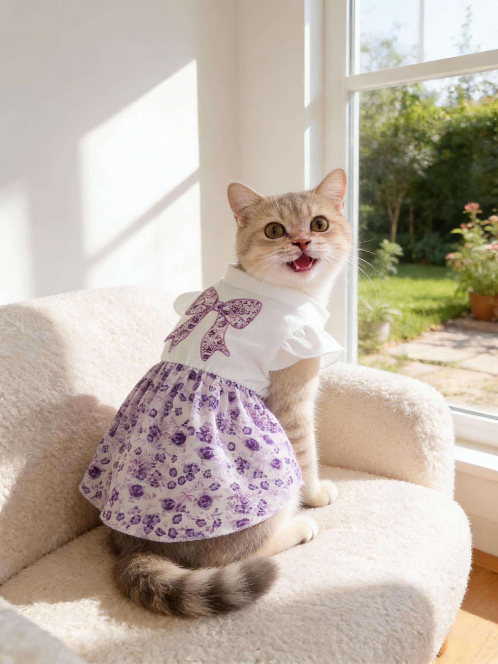 Pet Clothes Dog Cat Dress Bow Purple Flying Sleeve Yorkshire Terrier Maltese Teddy Bichon Bear Pomeranian Bulldog For Daily Use A169