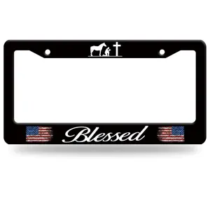 Blessed American Flag Stainless Steel - Round-Hole License Plate Frame | Alumina, Funny, 2-Hole, 12 x 6 Inch | Car Accessories Number Plates