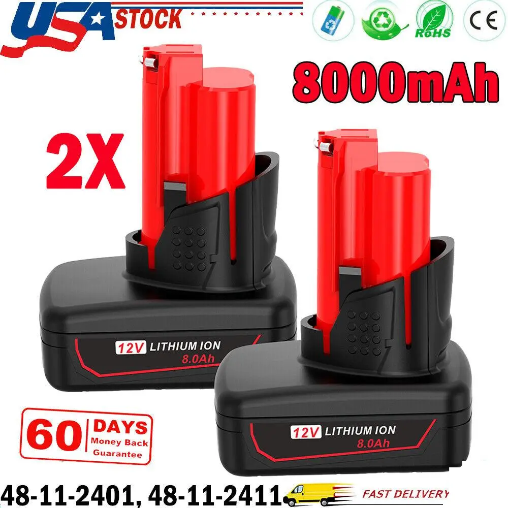 Lithium Ion Batteries for Milwaukee M12, 2-Pack 8.0Ah Extended Capacity Cordless Drill Battery Replacement for 48-11-2460 High-Quality Power Tool Accessory