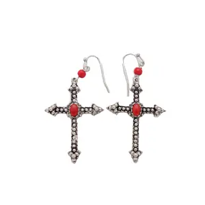 Women Fashion Jewelry Hook Earrings Antique Silver Metal Pointy Christian Cross Red