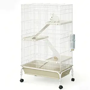 Metal Small Animal Cage with Wheels, 4 Tier Rolling Ferret Cage Chinchilla Habitat with Platforms, Ramps, Water Bottle & Food Dish, Perfect for Guinea Pigs Rabbits Squirrels