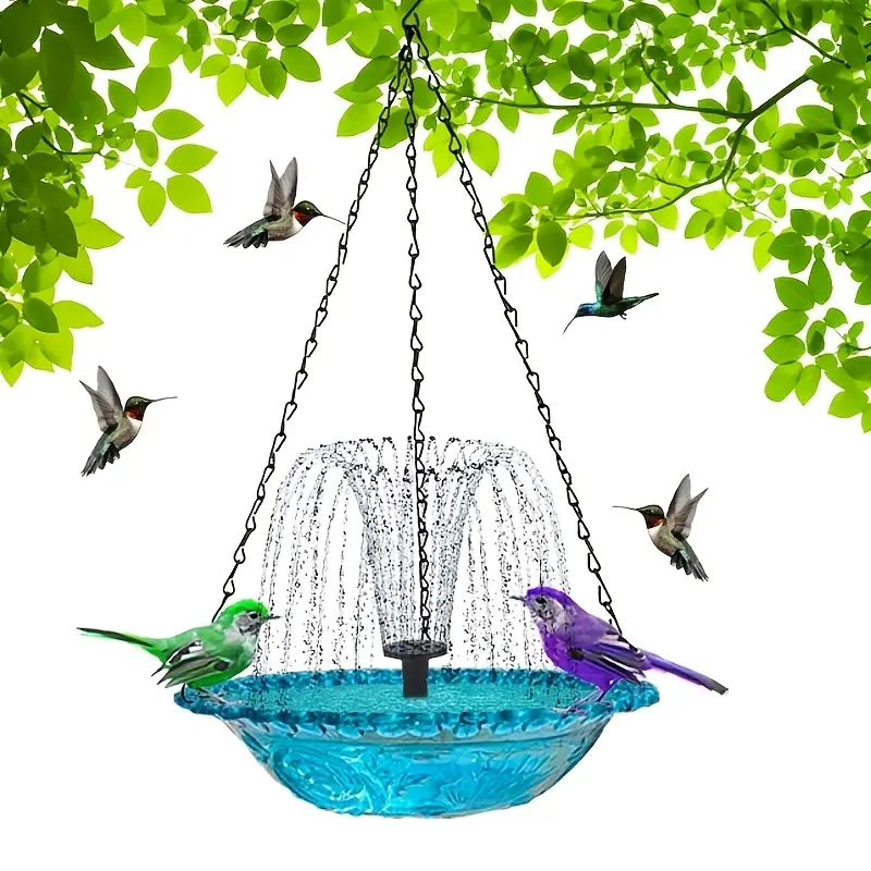 1pc Solar-Powered Floating Fountain with Hanging Bird Feeder - Outdoor Garden Bird Bath, Decorative Fountain with Net for Seed Dispensing, Plastic Material, No Battery Required, Bird Watering | Decorative Fountain | Durable Plastic, Bird Ba