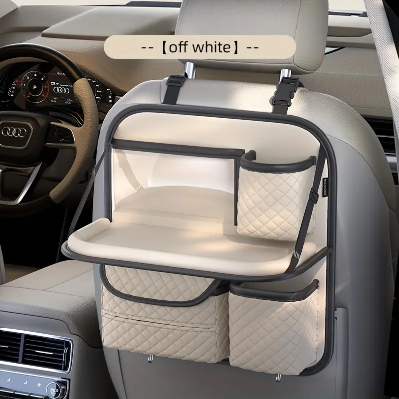 Universal car seat back storage bag with dining table, PU leather rear seat storage bag, multi-compartment design, including cup holder and net pocket, can be used to hang snacks, beverages, mobile phones and keys, Car Accessories