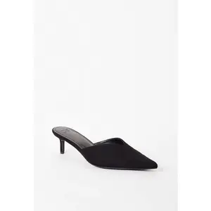 JUST FAB Women's Elegant Black Faux Suede Kitten Heel Mules – Slip-On Pointed Toe Shoes for Work & Evenings