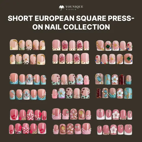 Younique Nails Short European Square Handmade Reusable Acrylic Fake Nails Press-On Set - Salon Quality, Holiday Glossy Kit, Sea Blue Floral Detail, Baby Pink Soft Base, Nude French Design, Rhinestone Accents, Mixed Sizes (Week Wear)