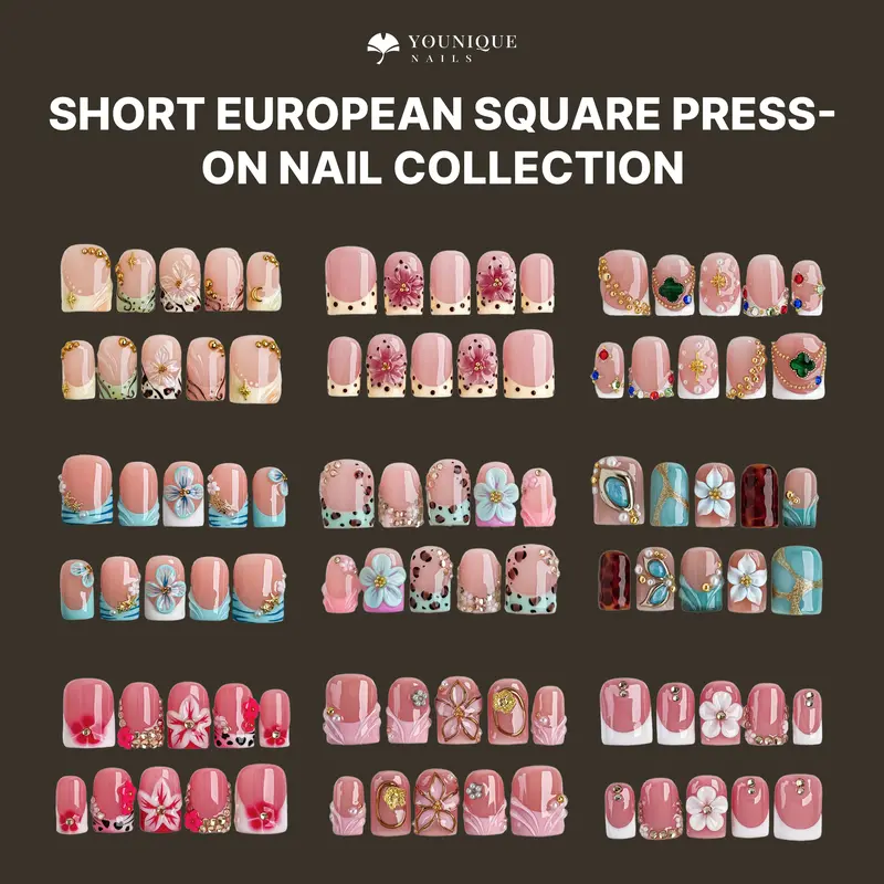 Younique Nails Short European Square Handmade Reusable Acrylic Fake Nails Press-On Set - Salon Quality, Holiday Glossy Kit, Sea Blue Floral Detail, Baby Pink Soft Base, Nude French Design, Rhinestone Accents, Mixed Sizes (Week Wear)