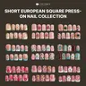 Younique Nails Short European Square Handmade Reusable Acrylic Fake Nails Press-On Set - Salon Quality, Holiday Glossy Kit, Sea Blue Floral Detail, Baby Pink Soft Base, Nude French Design, Rhinestone Accents, Mixed Sizes (Week Wear)