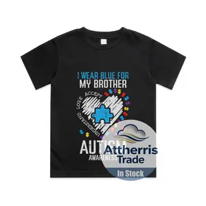 Blue for My Brother Autism Awareness Family Sister Sibling Cotton T-shirt, Graphic Print Round Neck Short Sleeve Casual Tee for Boys Girls