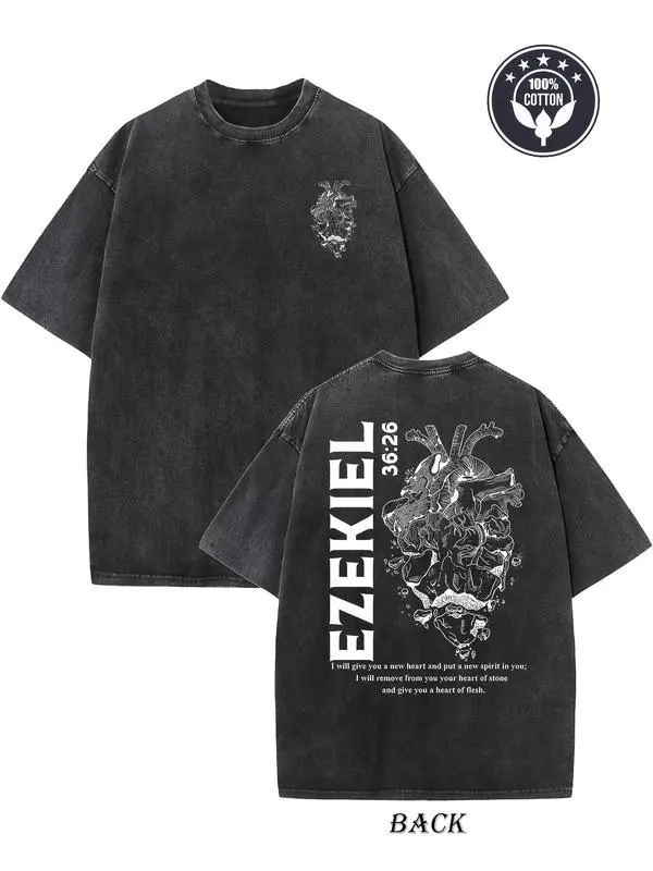 Vintage creative pattern printed EZEKIEL washed T-shirt double-sided printed heavy-duty basic T-shirt 230g cotton vintage street T-shirt loose hip-hop made with high-quality fabric, breathable and moisture-wicking