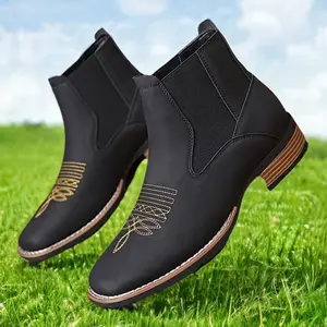 KoreanVersionMen'sEmbroideredChelseaBootswithSlip-OnDesignandBritishStyle,TrendyShortBootsforLuckersFootwearcowboybootsmen