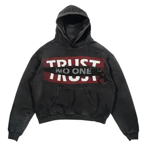 Vintage Washed Hoodie "Trust No One" Graphic Unisex Oversized Y2K Grunge Pullover Sweatshirt with Kangaroo Pocket