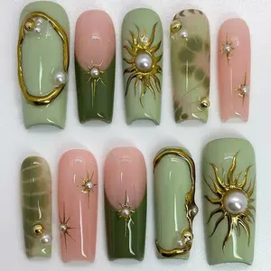 Matcha Green & Pink Color Block Press On Nails, Vintage Gold Foil Irregular Lines with Sunburst Motifs and Pearl & Gold Bead Accents, Luxury Gradient Medium-Length Square Removable False Nails with Jelly Glue and Nail File, Glossy False Nails