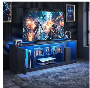 LED TV Stand for TVs up to 65", Entertainment Center with Power Outlet & Storage Cabinet, Carbon Fiber