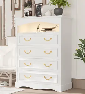 Farmhouse Drawers Dresser for Bedroom with Open Shelf and LED Lights, 44" Tall Wood Rustic Chest of Drawers, Vintage 5 Dresser for Living Room, Entryway, Hallway, White