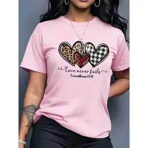 100% Cotton Women's Clothing, Multiple Colors Available, Valentine's Day Pattern T-Shirt, Short Sleeve Casual Round Neck Top, Spring Summer Women's Wear