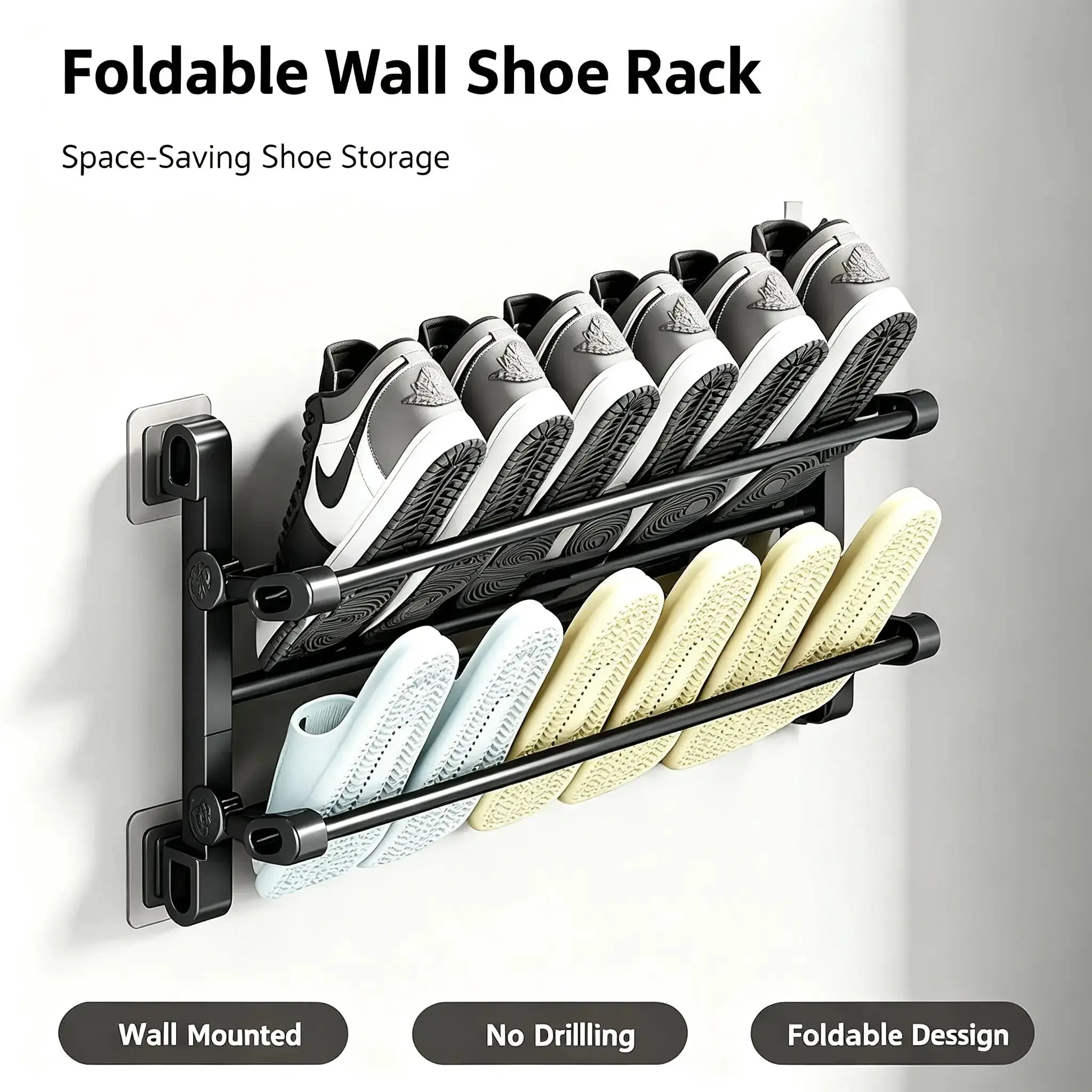 Foldable Wall-Mounted Shoe Rack, Space-Saving Plastic & Steel Hanging Slipper Holder, Compact Shoe Storage Organizer for Bathroom, Entryway, Closet, Bedroom, Door & RV