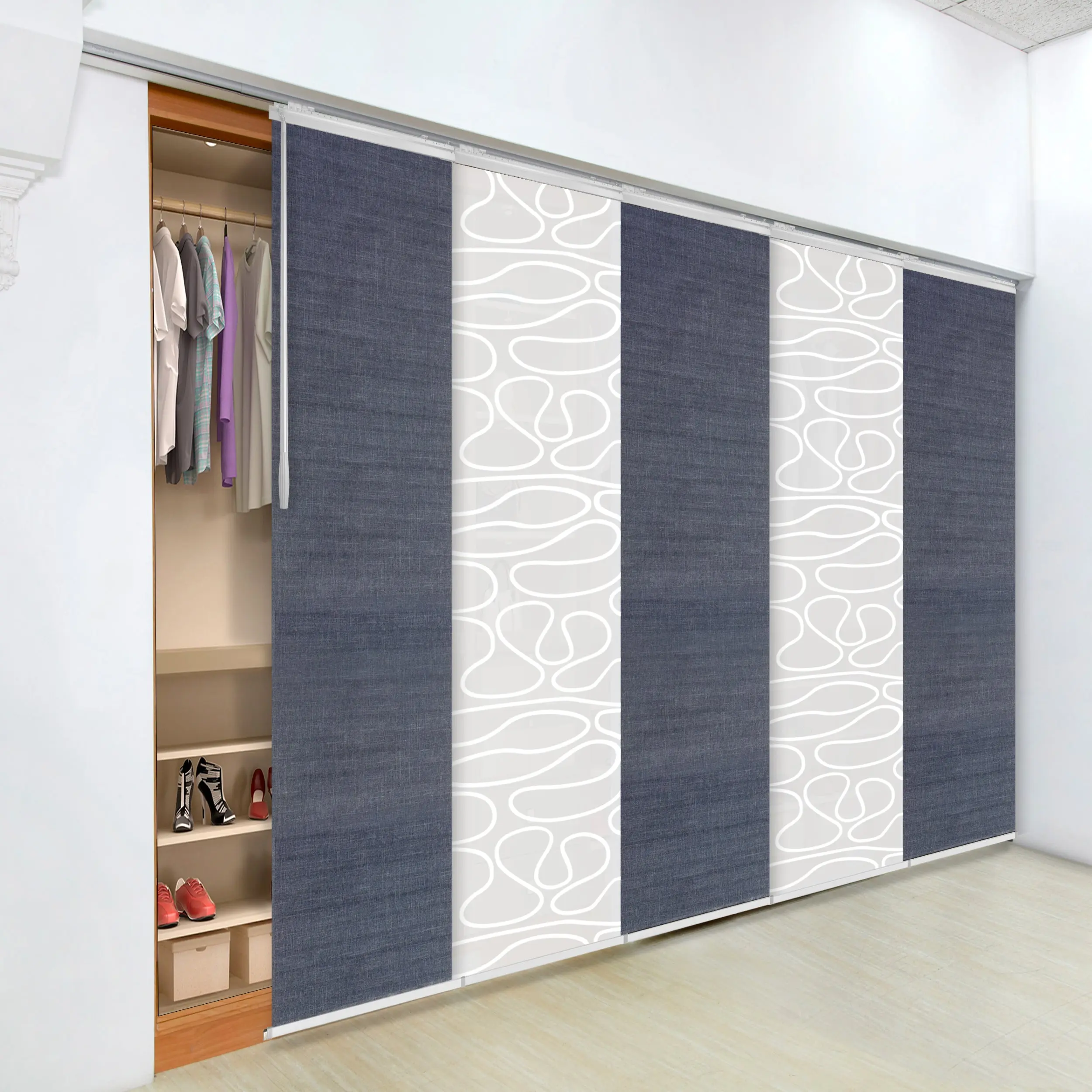5-Panel Single Rail Panel Track Blind Extendable 58"-110"W x 91.4"H, Panel width 23.5", Whirl White, Spruce