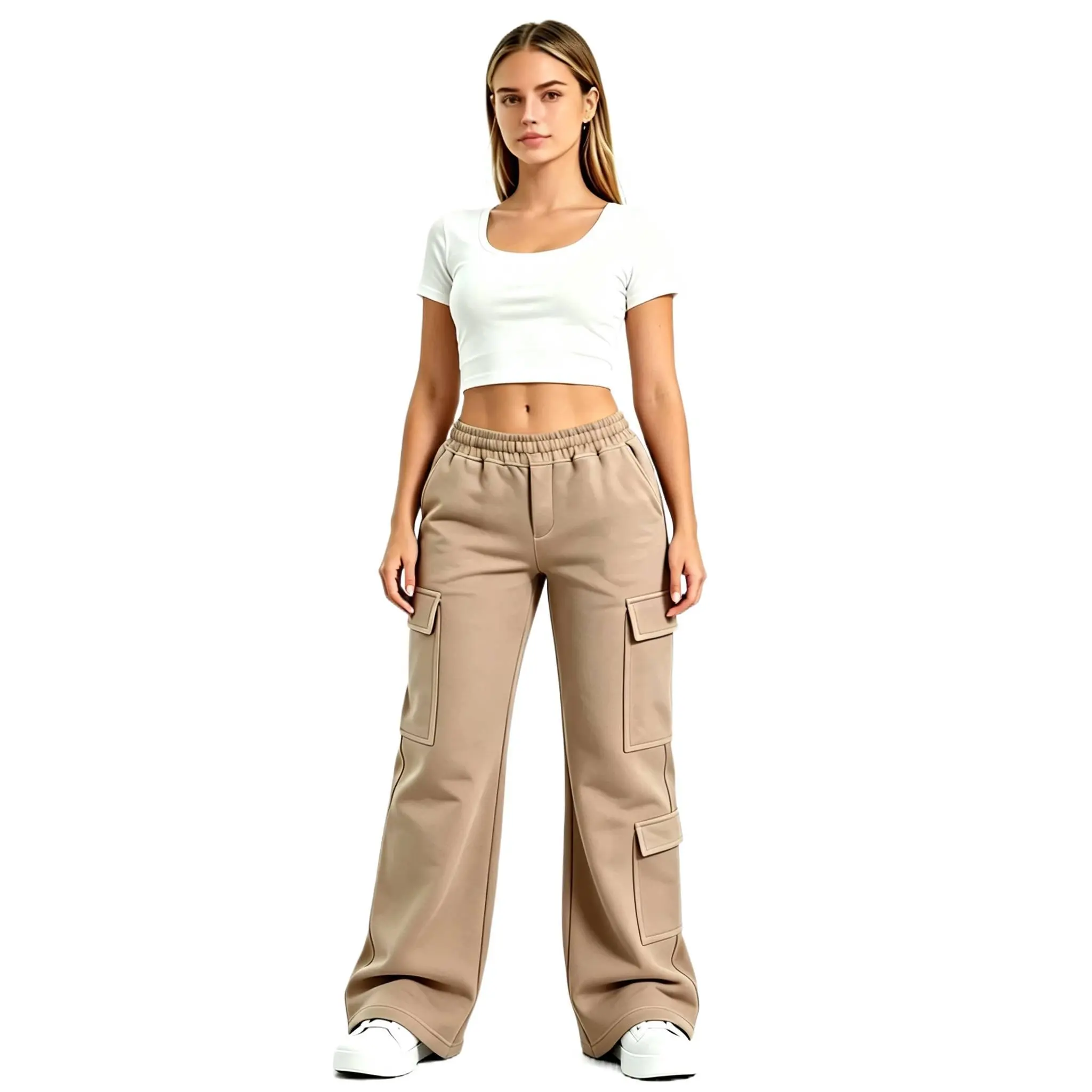 Women's Cargo Wide Leg Activewear Sports Joggers - Elastic Adjustable High Waist Workout Pants with Multi Pockets, Loose Comfy for Athletes, Everyday Streetwear, Activewear Women's Sports Joggers