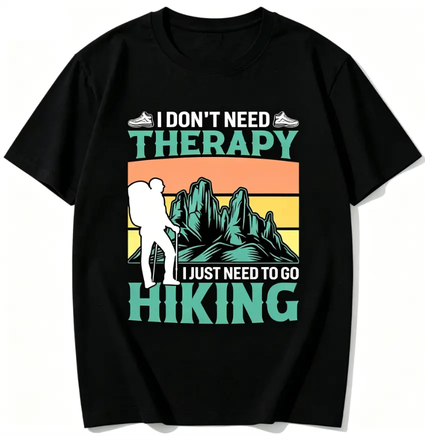 I Don’t Need Therapy I Just Need To Go Hiking Retro Mountain Hiker Print T‑Shirt, Outdoor Camping Crew Neck Short Sleeve Tee For Men