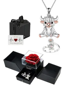 Highland Cow Jewelry Set with Eternal Rose Box, Silver Color Pendant Necklace, Adjustable Ring, Cute Animal Gift for Mom Girlfriend Wife