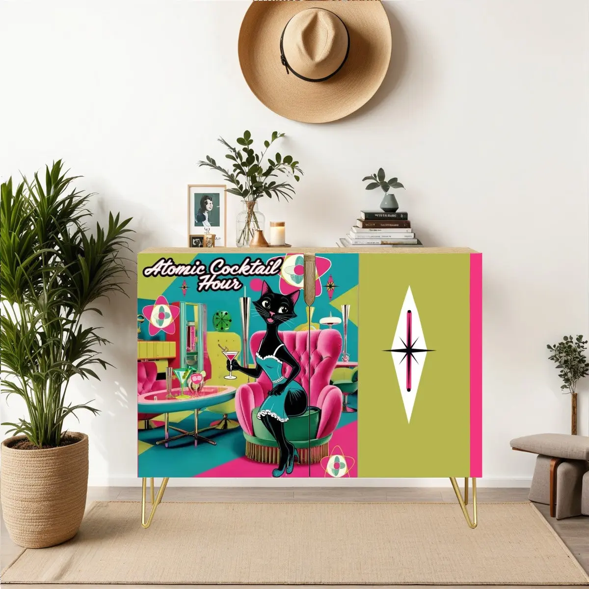 Mid Century Modern Bar Credenza Sideboard, Kitschy Mod Cat, Quirky Fun MCM Wooden Storage Cabinet