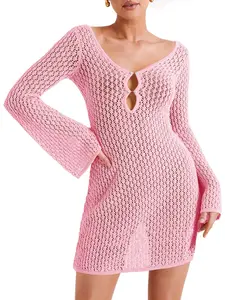 FISOEW Womens Crochet Swimsuit Coverup Summer Sexy V Neck Long Bell Sleeve Mesh Knit Bikini Cover Ups Beach Dresses Pink