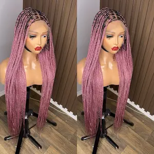 Dark Color Root Light Pink Knotless Braided Wig Long Style with Light Pink Braids & Blonde Lace Frontal Hair Accessories