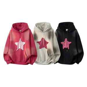Men’s retro star patch embroidered hooded sweatshirt, high-street heavyweight washed drop-shoulder pullover hoodie, fashionable and versatile spring new arrival unisex Y2K
