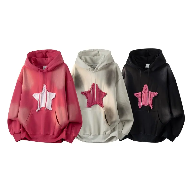 Retro Streetwear Hoodie, Unisex Loose Fit Pullover with Embroidered Star Fringe Patch, Heavyweight Washed Finish, Tops, Menswear, Longsleeves, Stylish, Star Patch, Colorblock Tie Dye, Cotton Blend, Sweatshirt, Casual