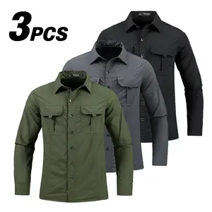 3 Pack Men's Military Tactical Long Sleeve Shirts, 100% Polyamide Quick Dry Moisture Wicking Lightweight Breathable Cargo Shirts with Chest Pockets & Back Vent, Durable Outdoor Casual Tops for Hiking Fishing Camping Daily Work Wear  Workwear