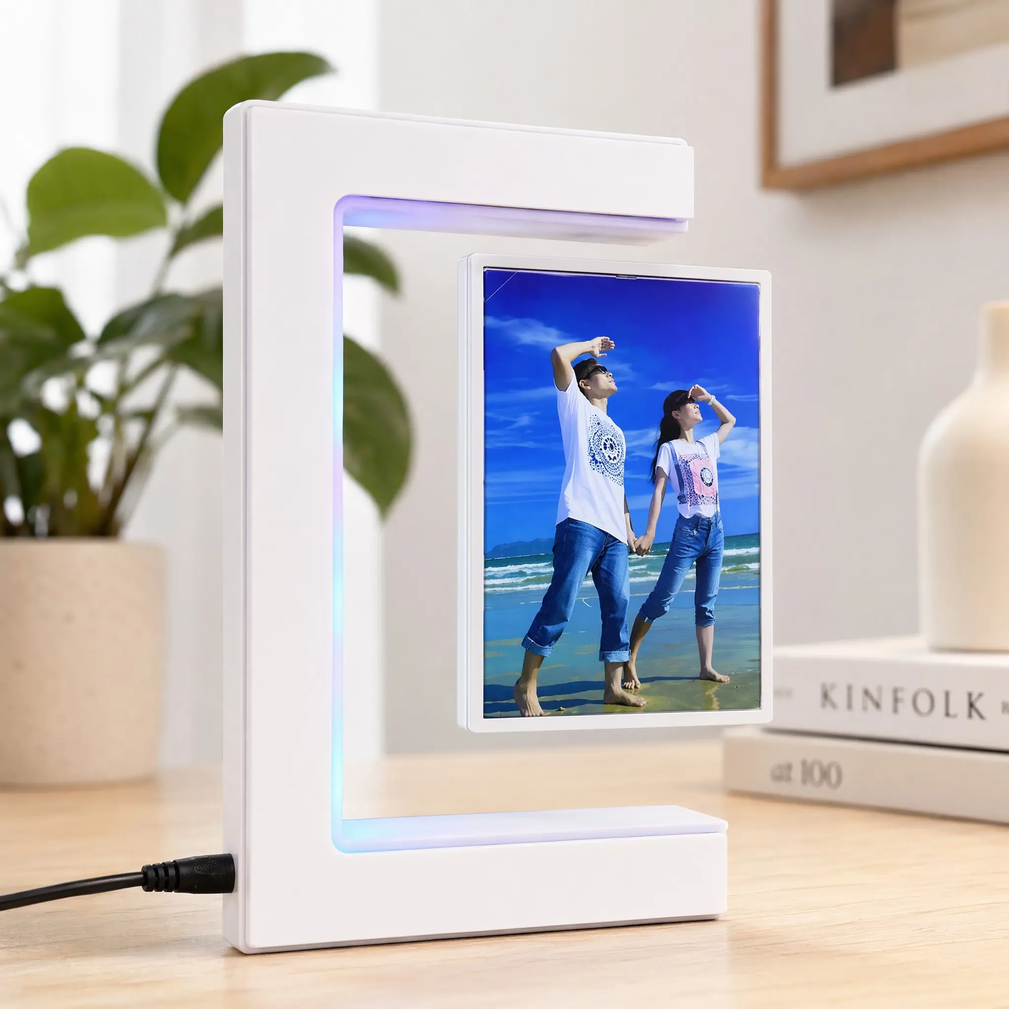 White Magnetic Levitation Photo Frame with LED Lights - 3-Sided Floating Display Stand, Ideal for Kids' Photos/Artistic Pictures, Birthday Gift (Home Decor)