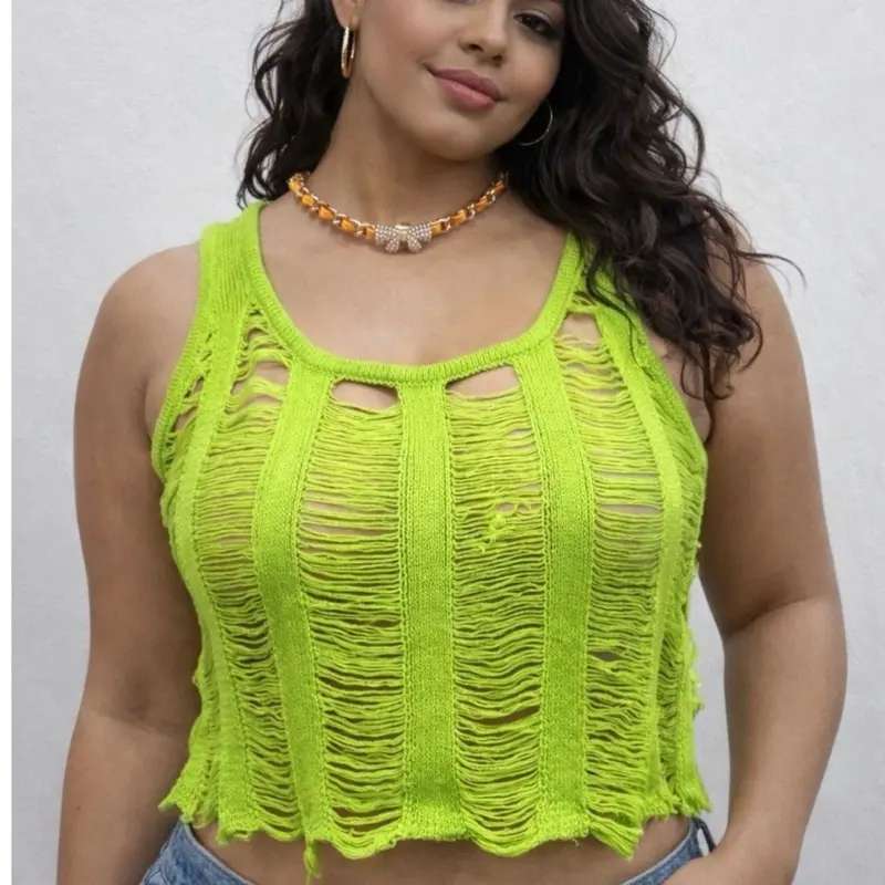 Neon Green Knit Crop Top with Ripped Design and Frayed Edges for a Bold Look