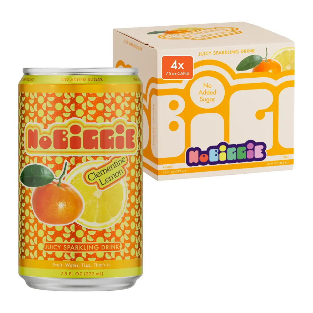 NoBiggie Clementine Lemon Sparkling Juice for Kids | 4-Pack Mini Cans | Made with Real Fruit Juices & Purées, 4 x 7.5 fl oz Cans, Only 5g Sugar per Can, No Added Sugar, No Artificial Ingredients