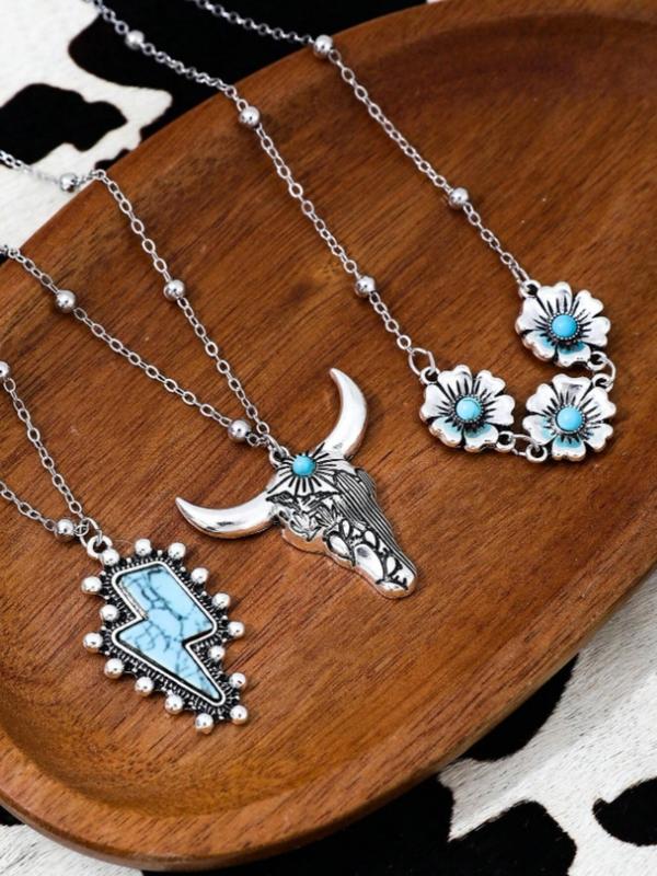 3 Pcs/set Women's Turquoise Western Cowboy Vintage Necklace Set, Multi-Element Pendant Jewelry Gift for Women & Girls, Party Style Accessories, Exquisite Jewelry Gift