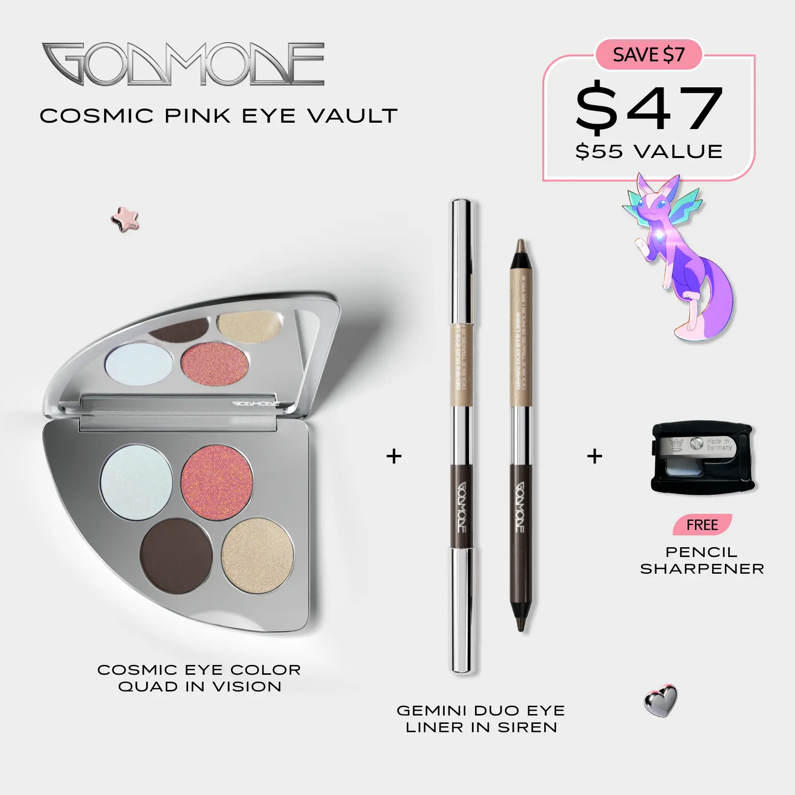 GODMODE Ultimate eye combo in Cosmic Pink, pearl shine duochrome eyeshadow and precision duo colour eyeliner Makeup Palette Matte And Glitter
