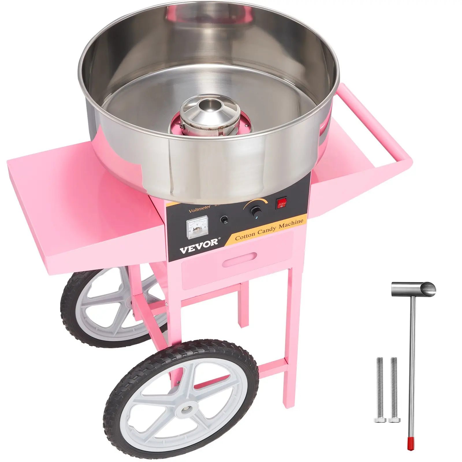 VEVOR 1000W Commercial Electric Cotton Candy Machine with Cart, Stainless Steel Bowl, Sugar Scoop and Drawer, Ideal for Home, Kids' Birthday, Family Gatherings, Pink