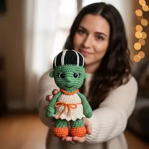 Bride of Frankenstein Amigurumi Doll - Handcrafted Crochet Toy with Green Body and White Dress